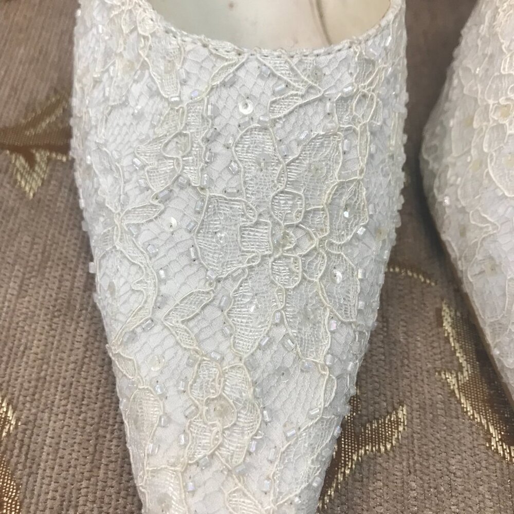 Dye-Able White Lace Satin Ankle-Strap, Formal Pump Dress Shoe Wedding Block Heel - Picture 7 of 16
